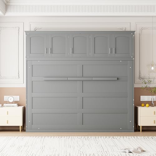Harper & Bright Designs Full Size Murphy Bed Wall Bed with Storage Cabinets, Space-Saving for Multipurpose Guest Room Bedroom or Home Office, Gray