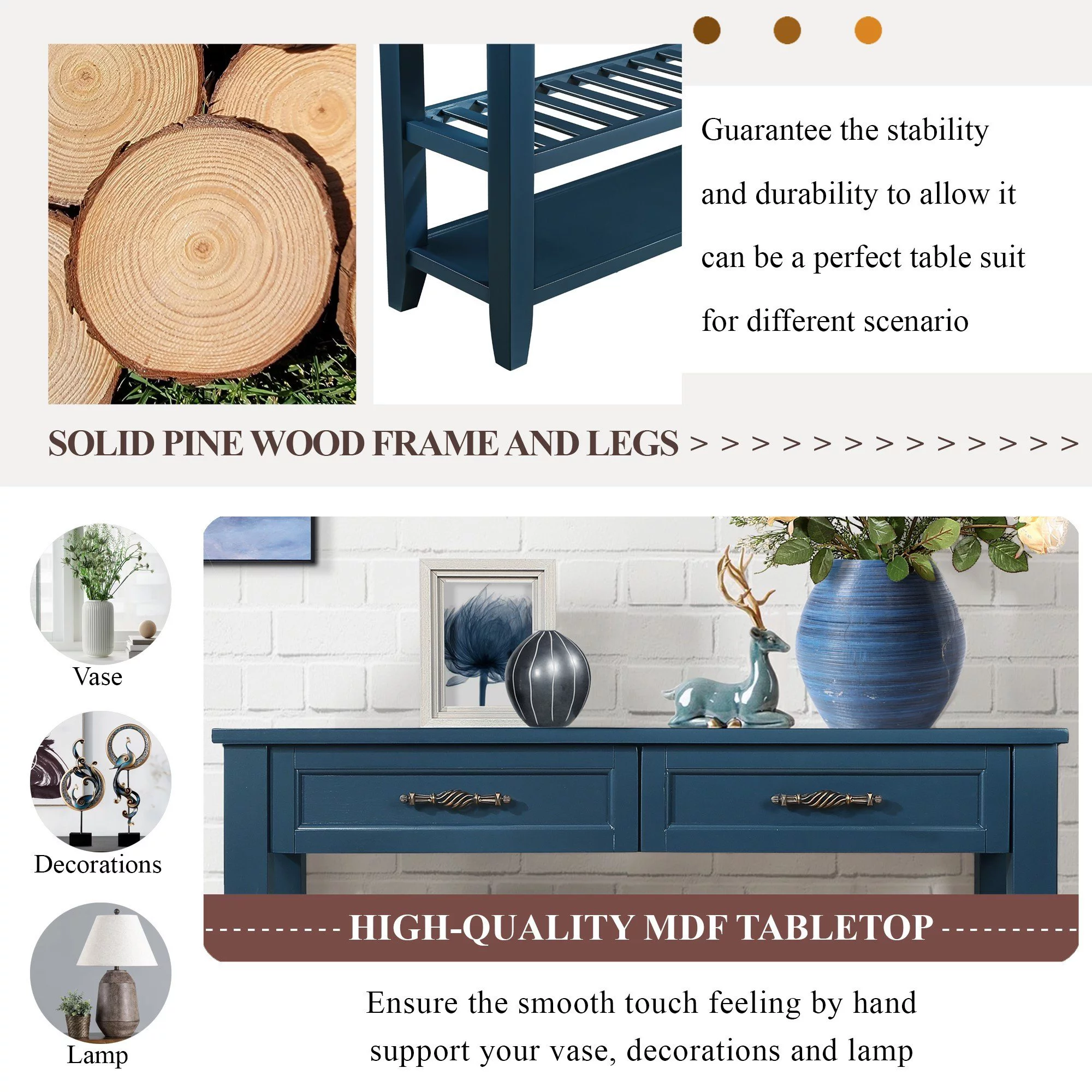 Console Sofa Table with 2 Storage Drawers and 2 Tiers Shelves, Mid-Century Style 42'' Solid Wood Buffet Sideboard for Living Room Furniture Kitchen Dining Room Entryway Hallway,Navy Blue