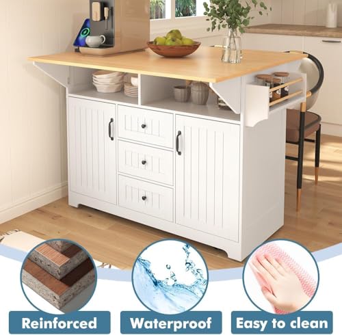 Kitchen Island with 2 Drop Leaf, Home Cart Island on Wheels Foldable Dining Table with Power Outlets,3 Drawers,Storage Cabinet, Tower Rack(Black)