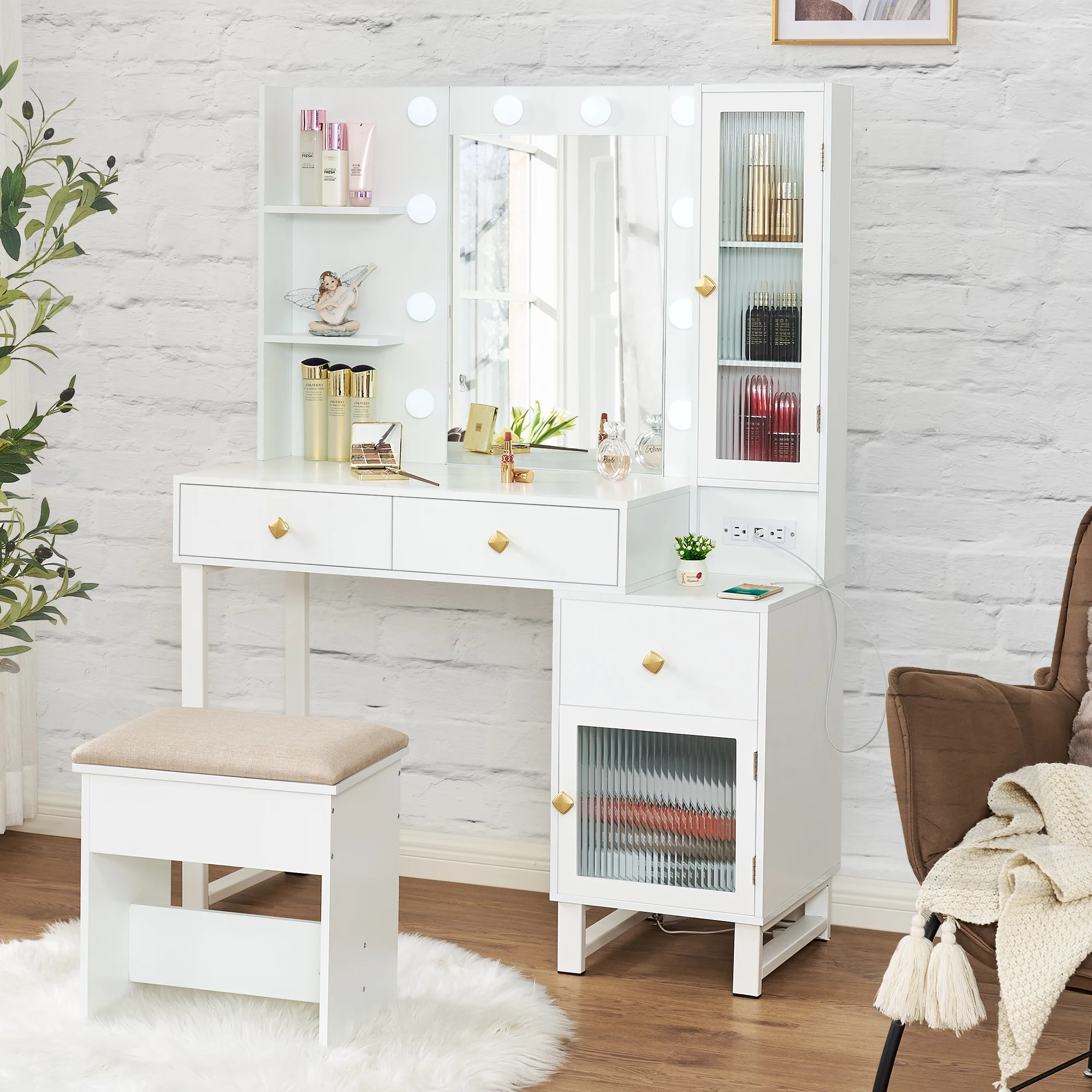 BEWISHOME Vanity Desk with Lights, Makeup Vanity with Lights 3 Colors White Vanity with Charging Station & Cabinets, Vanity Set with Mirror Vanity Table Makeup Desk Vanity with Drawers Vanity FST20W