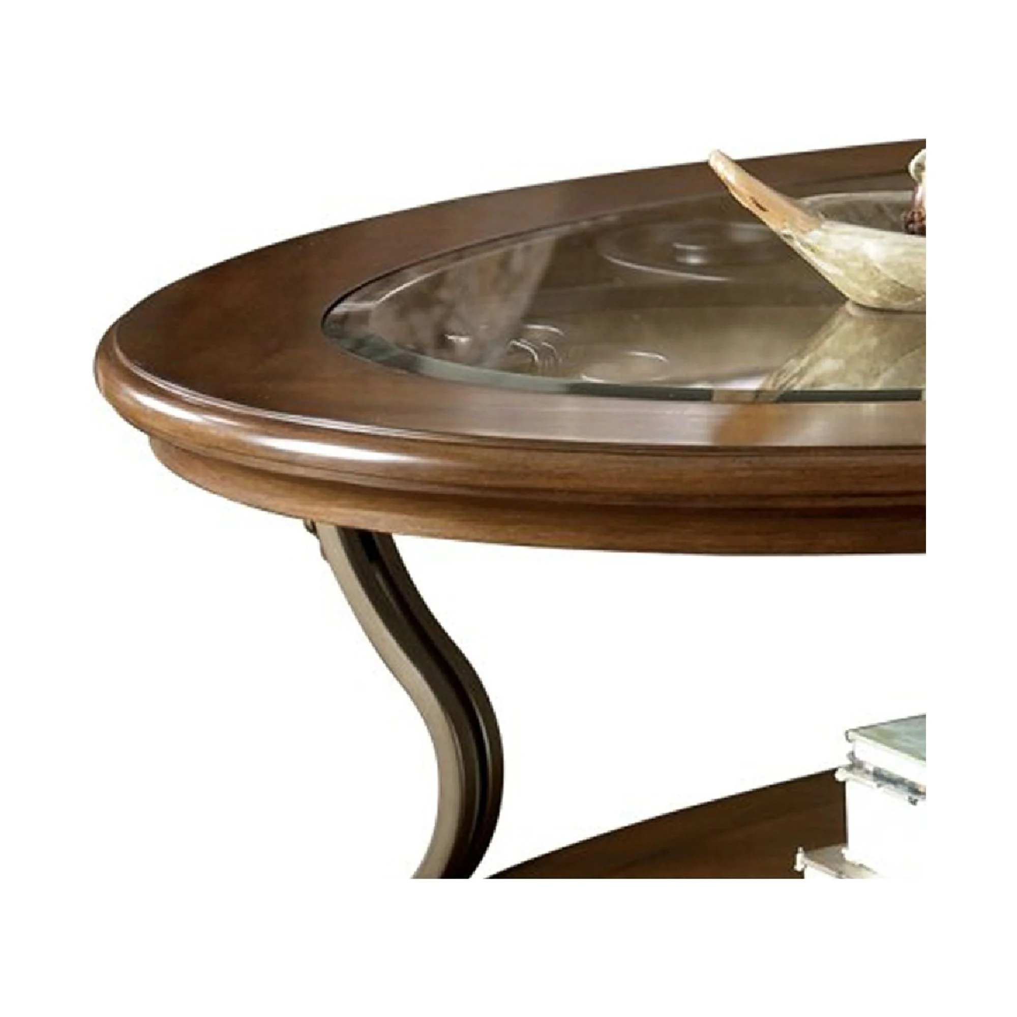 Wooden Oval Cocktail Table with Glass Top and Open Bottom Shelf Brown- Saltoro Sherpi