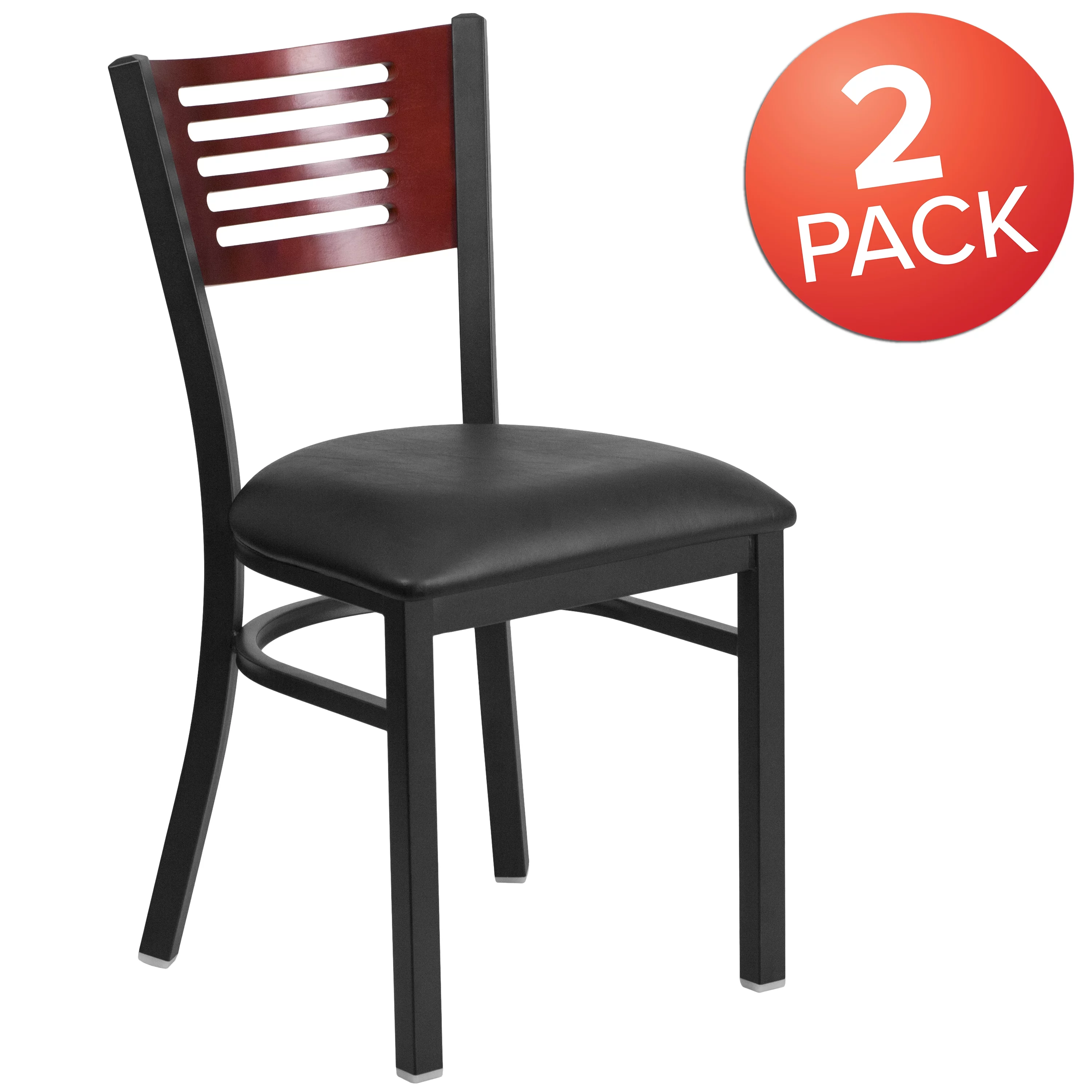Flash Furniture 2 Pk. HERCULES Series Black Slat Back Metal Restaurant Chair - Mahogany Wood Back, Black Vinyl Seat