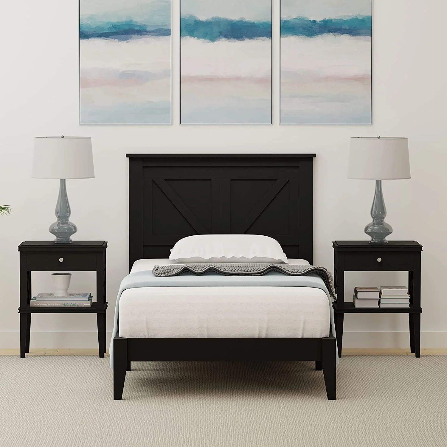 Well Home Farmhouse Solid Wood Platform Bed in Twin - Ebony (Black)