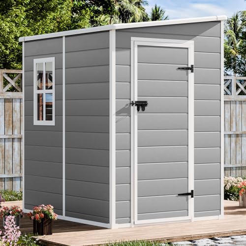 Resin Outdoor Storage Shed with Floor 5x4 FT Waterproof Plastic Sheds Kit Window Lockable Door Included, Outside Garden Tools Sheds for Backyard Patio