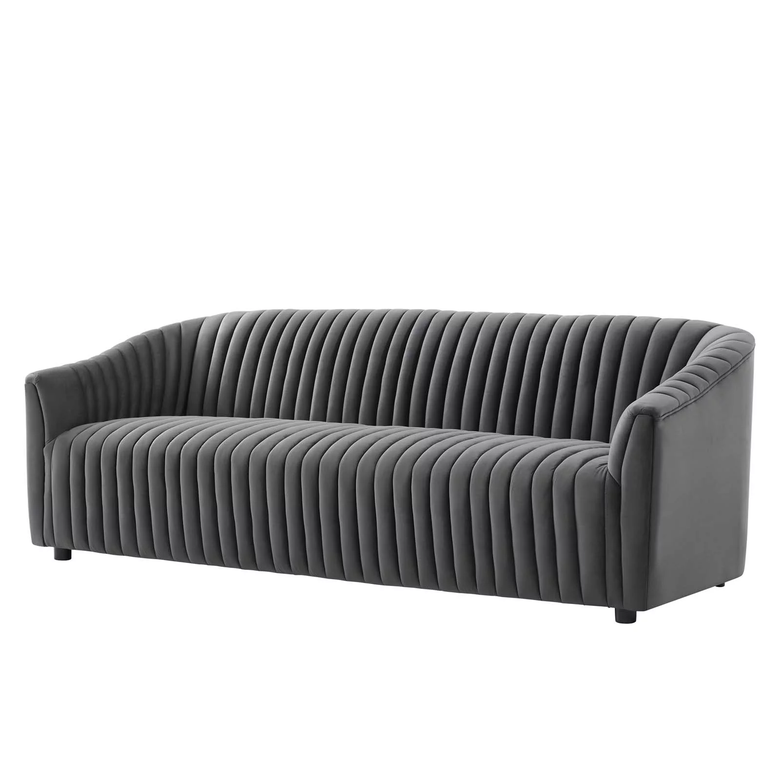 Tufted Sofa, Charcoal Grey Gray, Velvet, Modern Contemporary, Mid Century Living Hotel Lounge Cafe Lobby