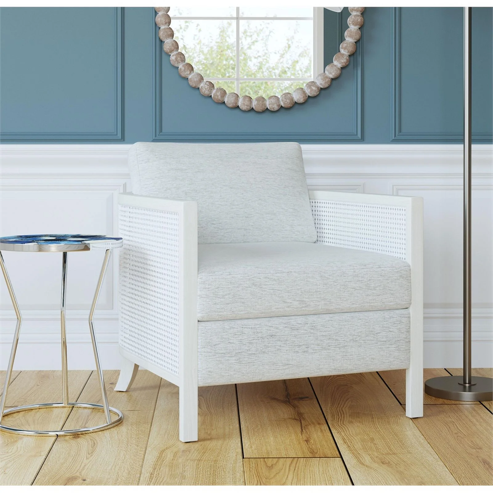 Maklaine Coastal Farmhouse Accent Chair in Hand Brushed White Wood and Fabric