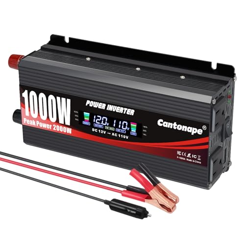 1000 Watt Car Power Inverter DC 12V to 110V/120V AC Converter with LCD Display Dual AC Outlets and Dual USB Car Charger for Car Home Laptop Truck Black