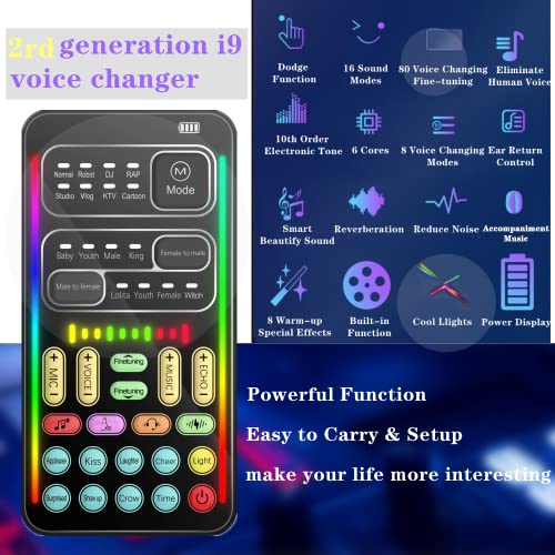 Portable Voice Changer, 2rd Generation i9 Live Sound Card, Cool Lights Sound Board - Voice Disguiser/Modulator for PS4/PS5/Xbox One/PC/Phone/Laptops with Adjustable Voice Functions