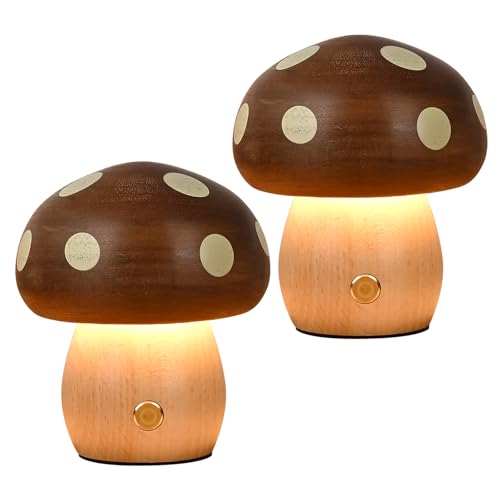 2Pack Wood Small Mushroom Table Lamp, LED Rechargeable Cordless Touch Bedside Lamps, Wireless Stepless Dimming Night Light, Portable Battery Lamp for Bedroom Nightstand for Birthday Gifts