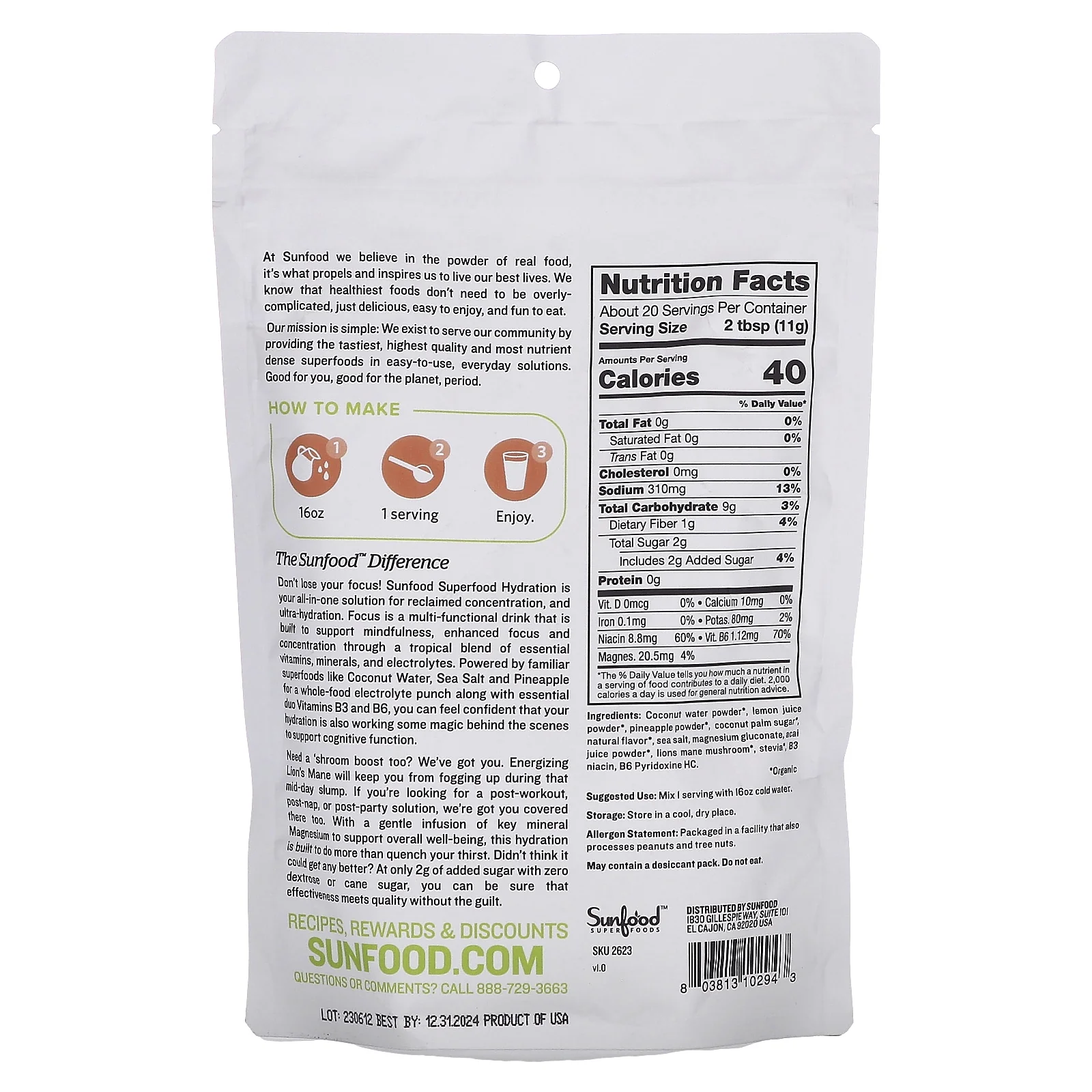 Sunfood Superfood Hydration Focus, Pineapple Acai, 8 oz (227 g)