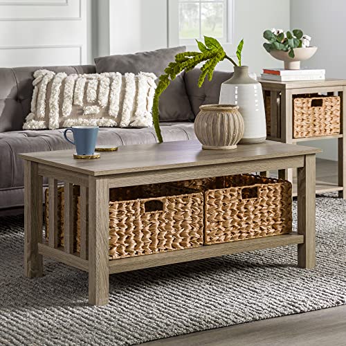 Walker Edison Coastal Black Living Room Coffee Table with Lower Shelf and Faux Rattan Wicker Baskets, 40 Inch