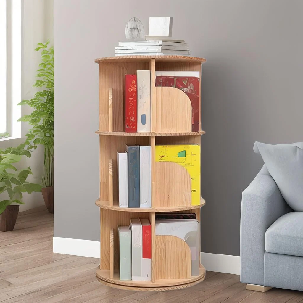 Rotating Bookshelf 3 Tier 360 Display Floor Standing Wood Bookcase Corner Storage Rack for Adults Kids Multi-Functional Bookshelf Organizer