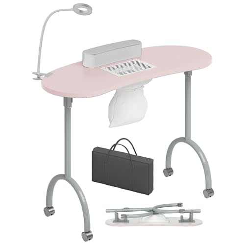 TABU Portable Manicure Nail Table, Foldable Manicure Table with Dust Collector Fan, LED Lamp, 4 Lockable Wheels and Carry Bag, Professional Nail Desk with Wrist Cushion (Pink)