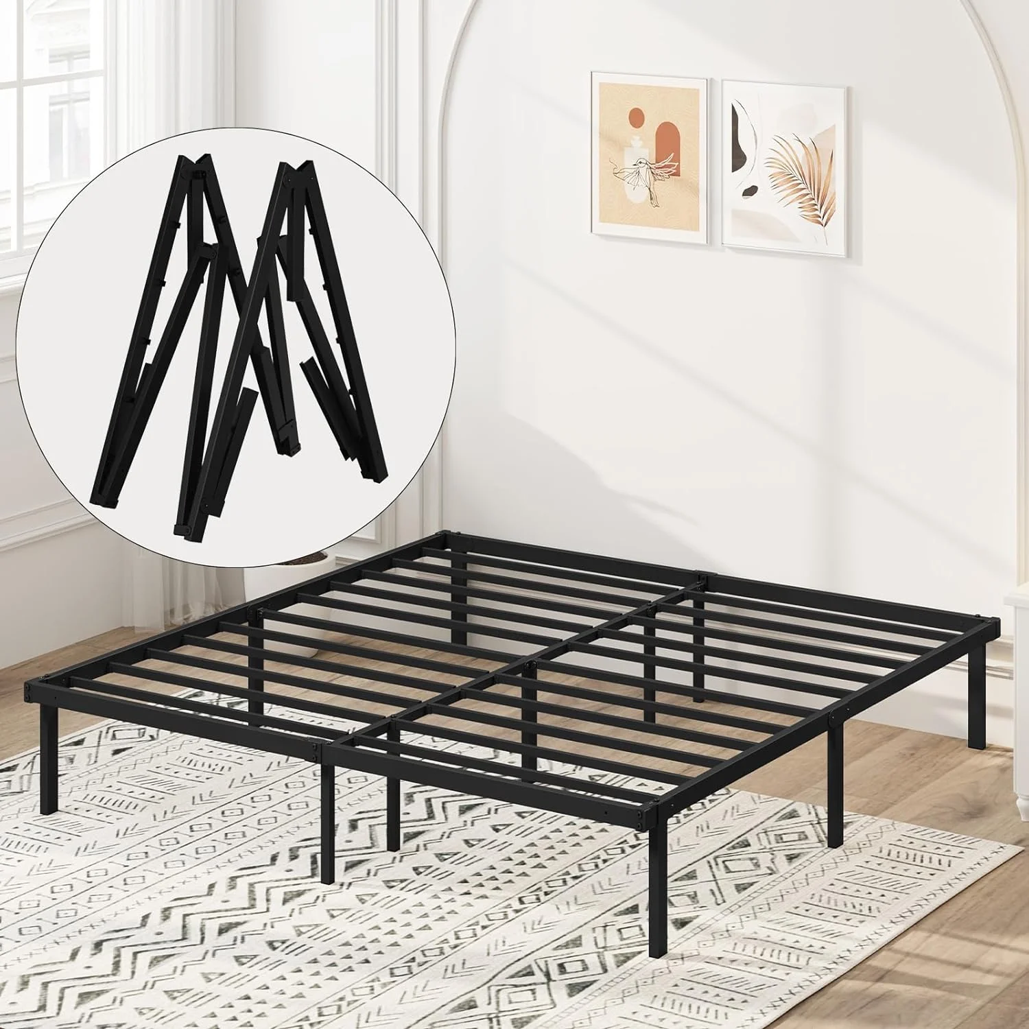 Flolinda Heavy Duty King Size Metal Platform Bed Frame Foldable King Size Bed Frame 14