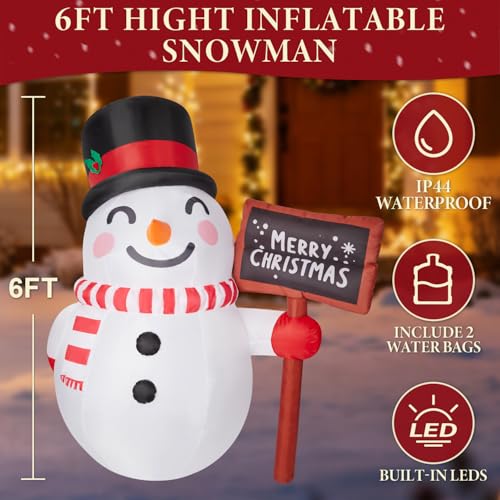 KAMJUNTAR 6 FT Christmas Inflatables Snowman Outdoor Decorations, Blow Up Snowman Inflatable with LED Lights Christmas Yard Blowups for Christmas Party, Xmas, Holiday, Home Lawn Garden Decoration