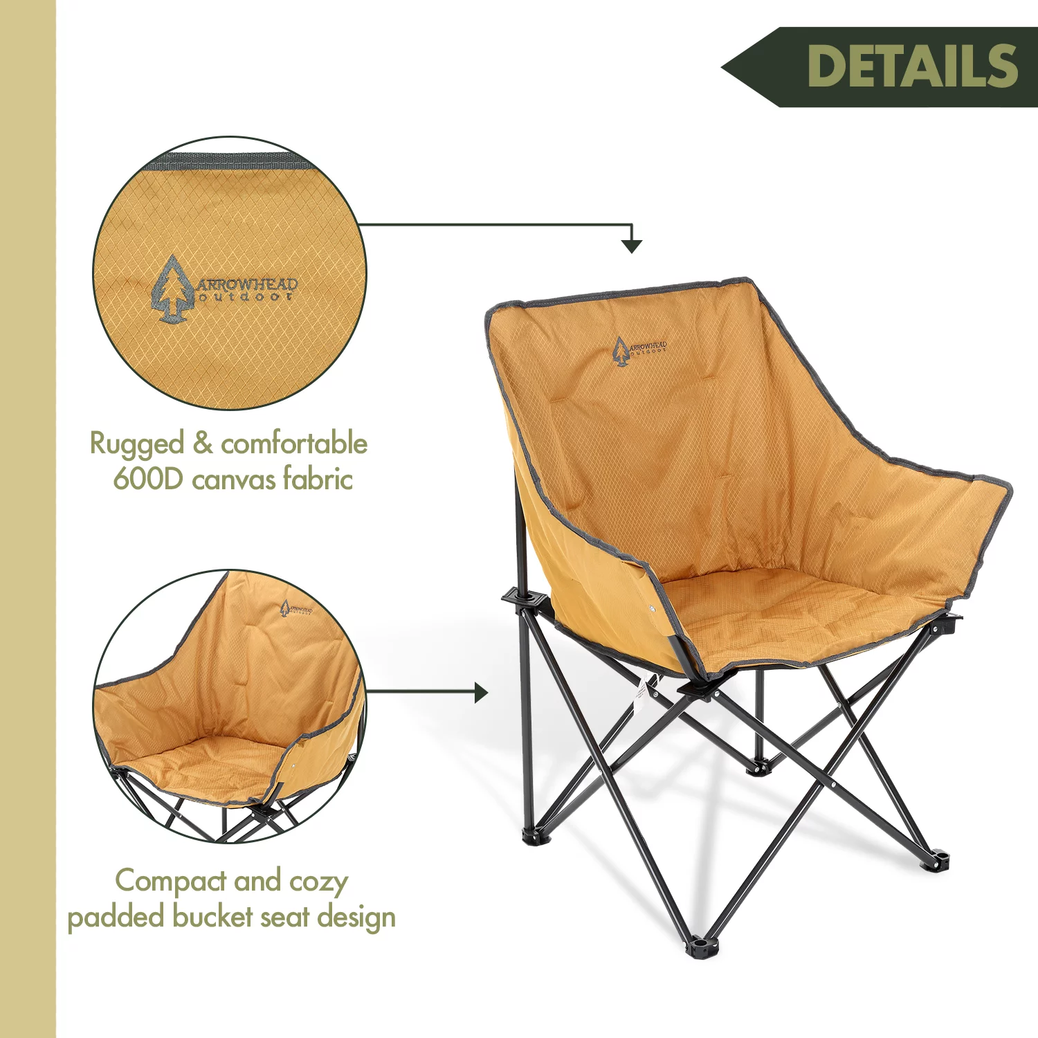 ARROWHEAD OUTDOOR Portable Folding Camping Quad Bucket Chair, Compact, Heavy-Duty, Steel Frame, Supports up to 250lbs | Includes Carrying Bag | USA-Based Support (Tan)