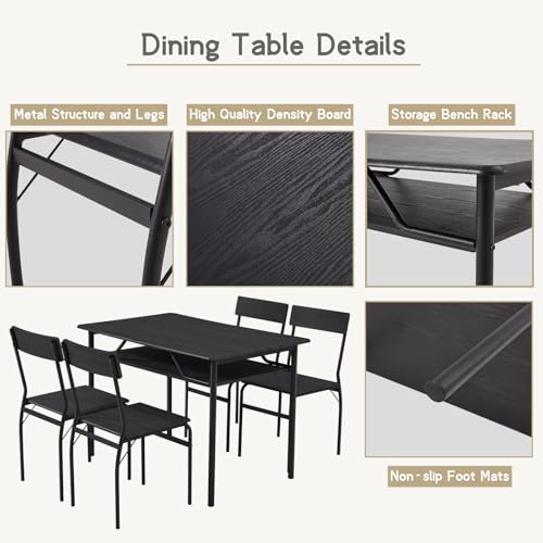 ECOTOUGE Dining Table Set for 4, Wood Kitchen Table and Chairs with Storage Shelves & Metal Frame, Compact Mid-Century Modern Rectangle Dinner Table Sets for Small Space, Apartment, Natural