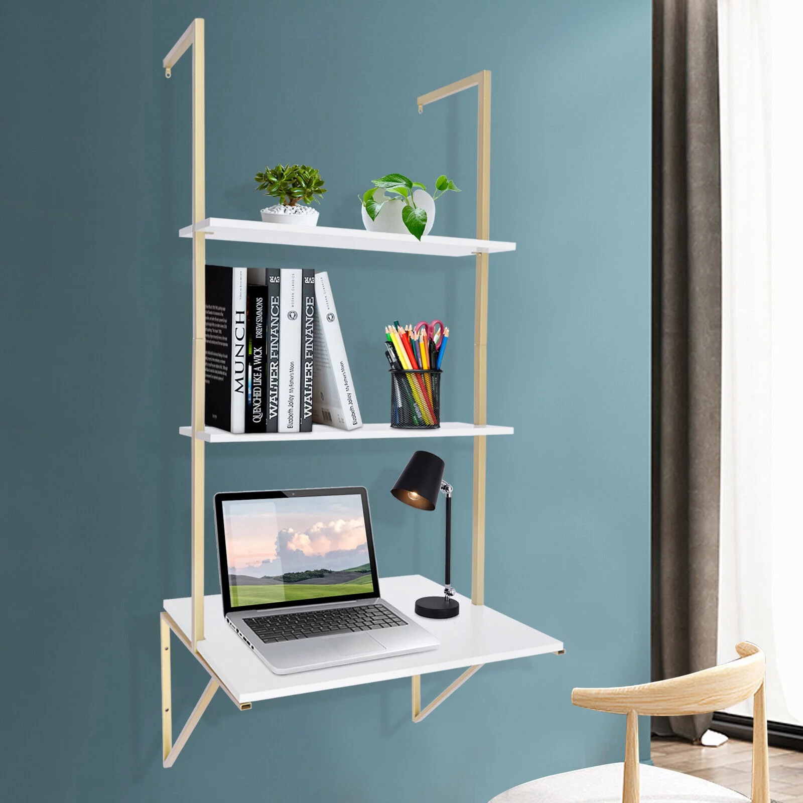 Wall-mounted Desk 3 Tier White Ladder Desk Max. Load: 20kg/44.09lbs W/Brackets 3-Tier Ladder Shelf Bookcase Bookshelf Drawers Wall Mount Living Room Bedroom Wall Mount Ladder Desk