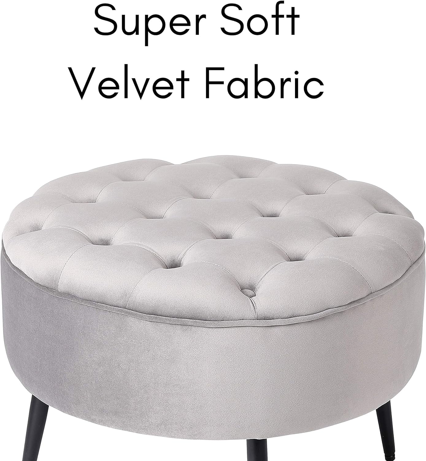 Tufted Round Grey Ottoman – Velvet Foot Stool – Century Modern Steel Legs - Soft Compact Padded Stool - Living Room Or Bedroom – Vanity Chair - Decorative Furniture
