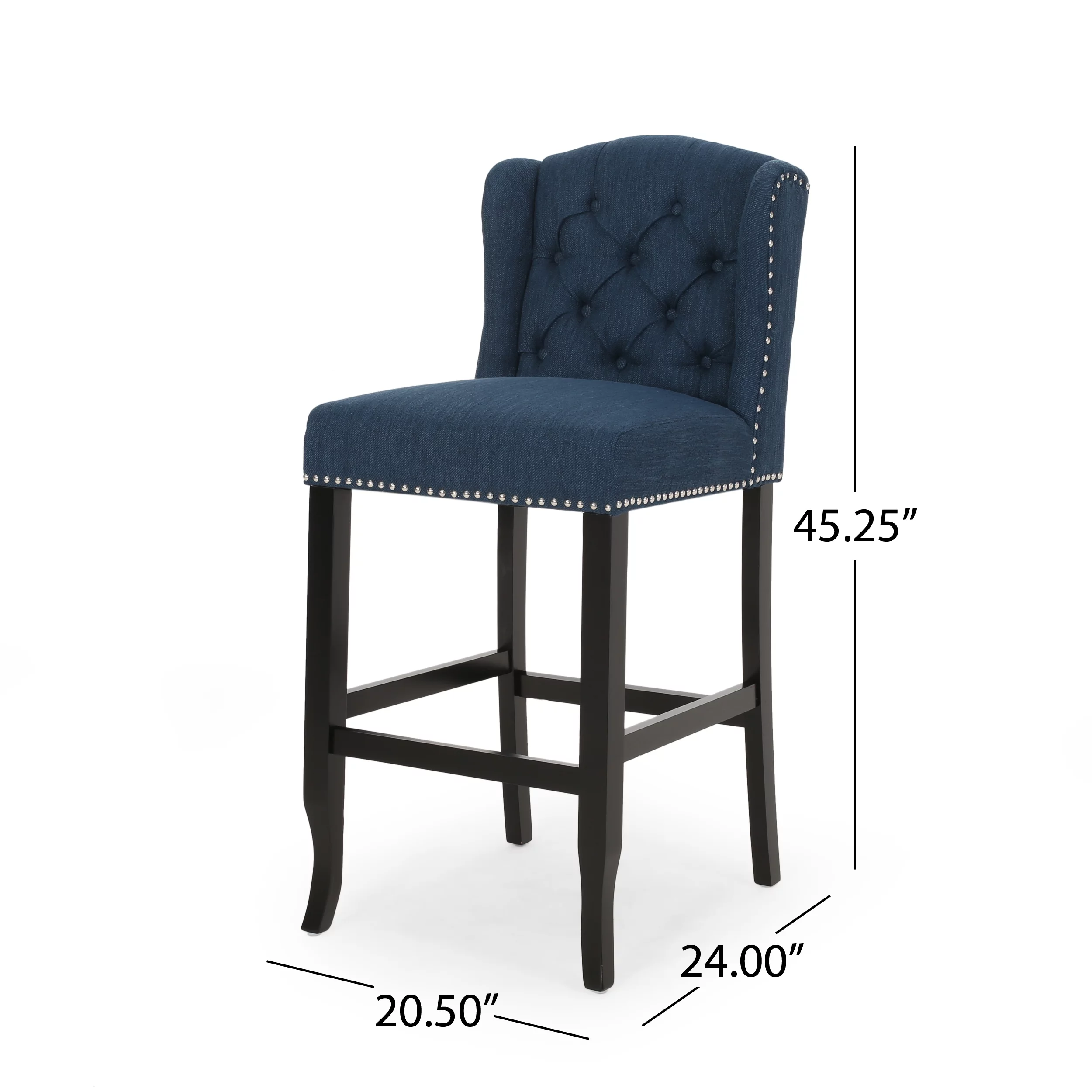 Noble House Christopher Wingback Barstool, Set of 2, Navy Blue, Dark Brown