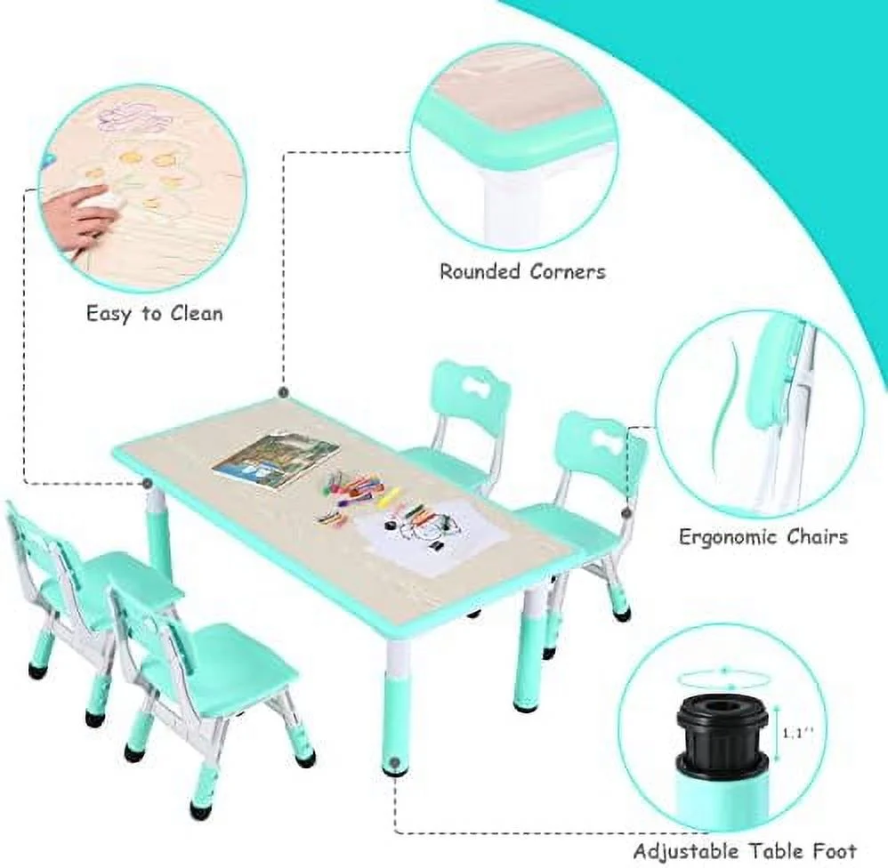 HJZBNONE Big  Study Table and 4 Chair Set  Height Adjustable Toddler Table and Chair Set for 4  Multifunctional Toddler Table  Reading  Drawing  Eating Interaction (Light Green  Long Tabl
