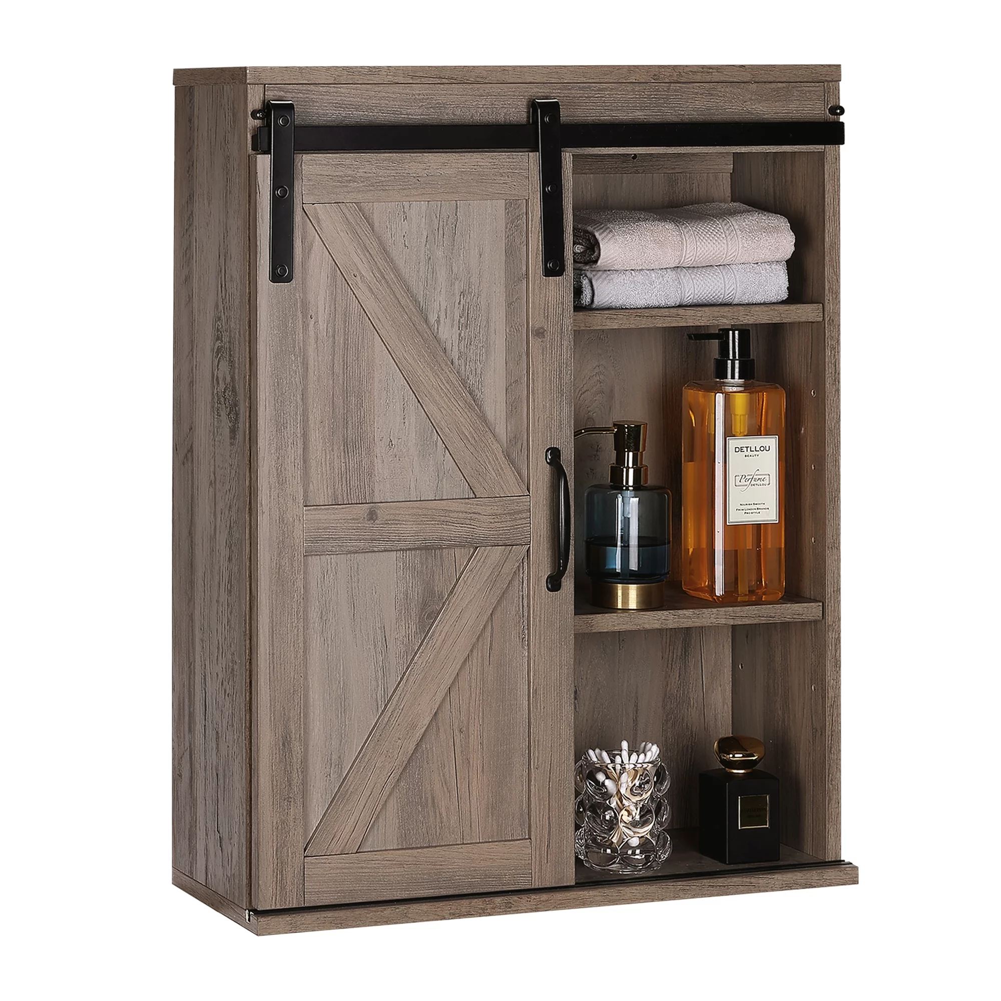 Rustown Farmhouse Wood Wall Storage Bathroom Cabinet with Sliding Barn Door, Rustic Medicine Cabinet with Adjustable Shelf, 3-Tier Vintage Cabinet for Kitchen, Bathroom, Living Room, Washed Oak