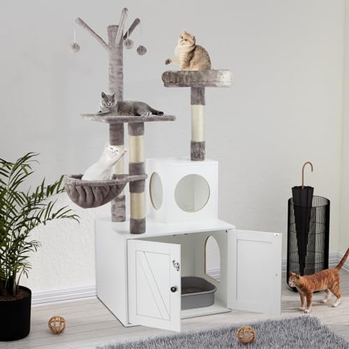 Cat Tree Tower with Litter Box Enclosure, 2-in-1 Wooden Cat Condo with Sisal Scratching Post, Hammock, Brown