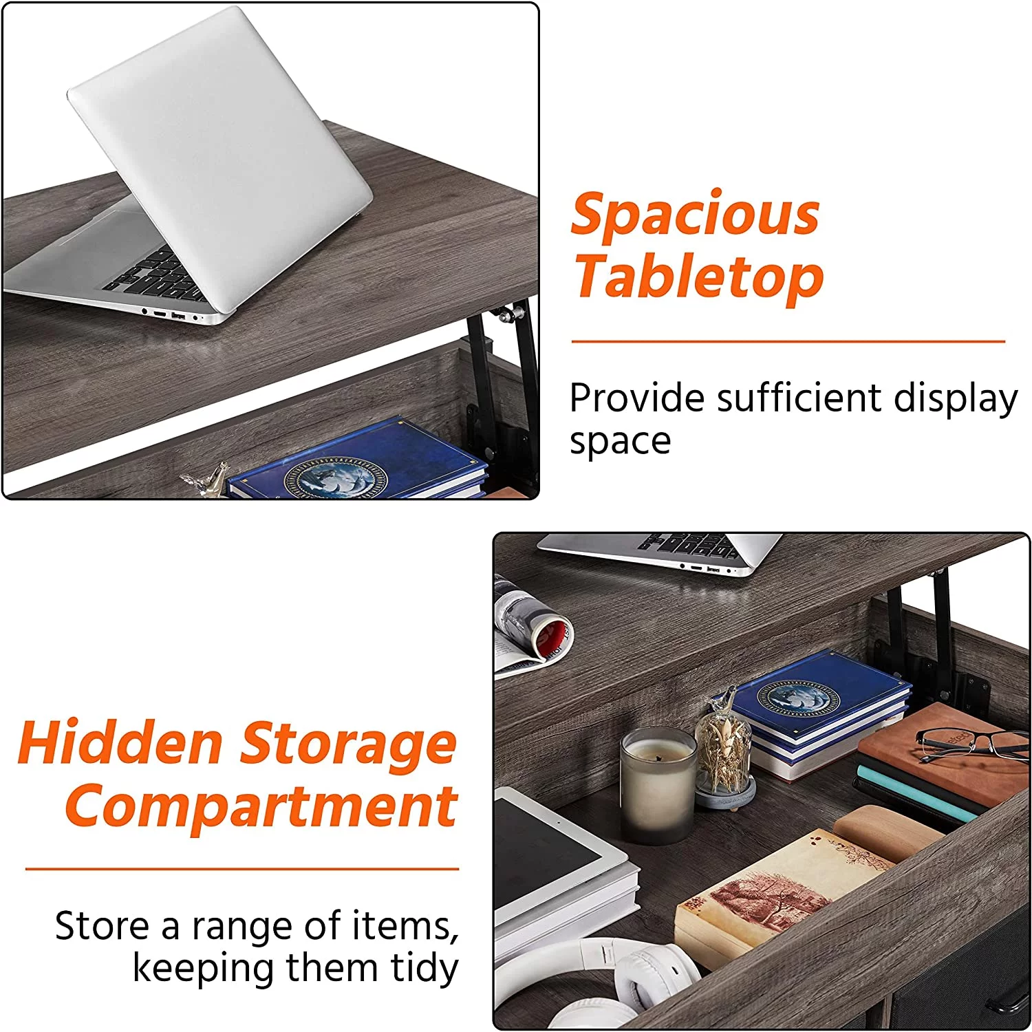 41 Inch Lift Top Coffee Table with Hidden Storage Compartment and 2 Fabric Baskets, Retro Wooden Lift Tabletop with Open Shelves/Metal Frame for Living Room/Office, Taupe Wood