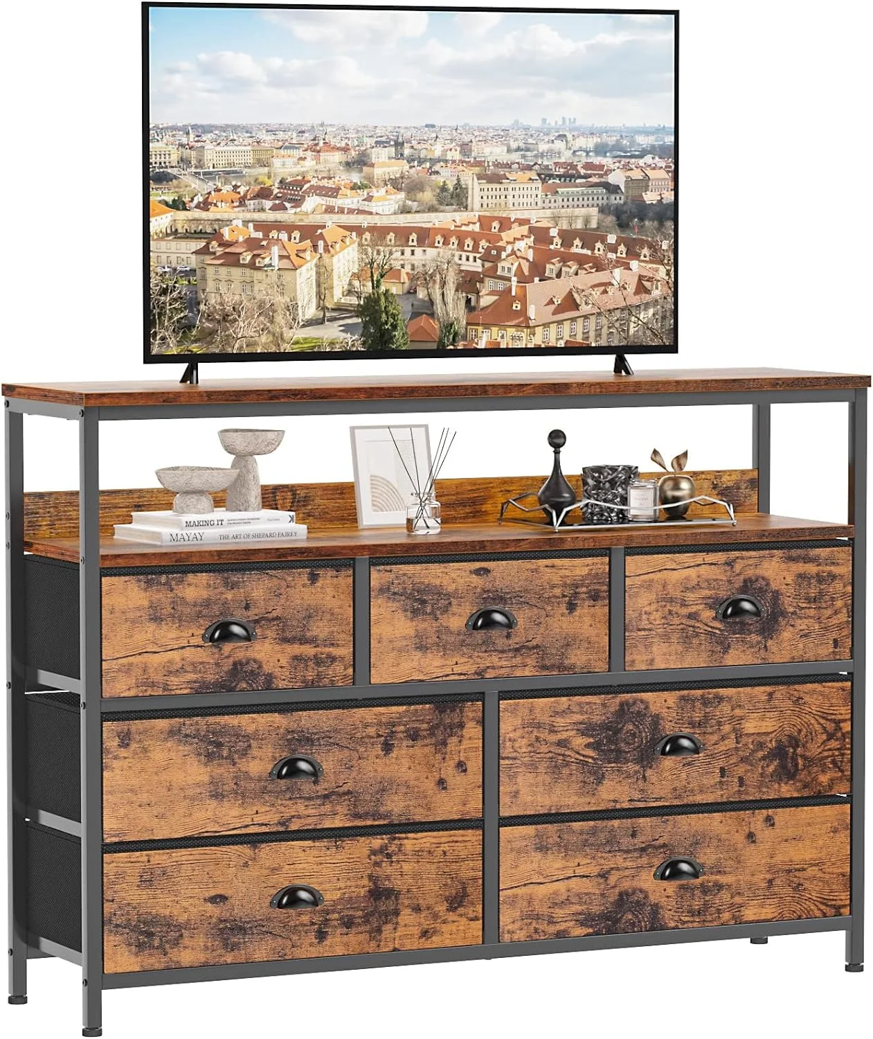 YINCHEN TV Console Table, TV Stand with 7 Storage Drawer, Sofa Table with 2-Tier Shelves, Entertainment Center for 45
