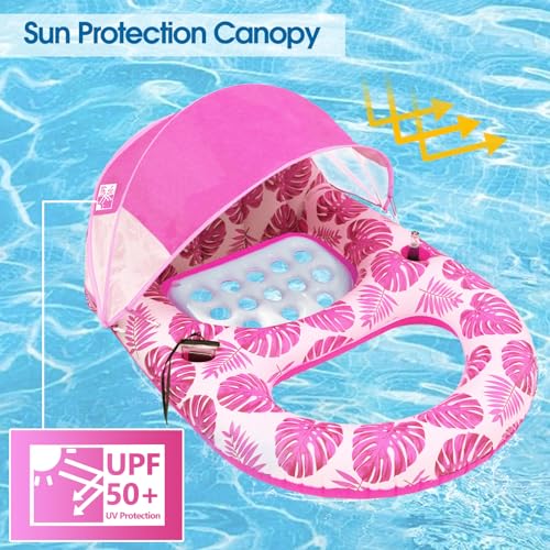Pool Lounge Float with Canopy UPF50+,Extra Large Pool Floats for Adults Heavy Duty,Inflatable Lounger Float with Cup Holder & Backrest,Footrest