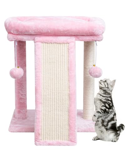 SYANDLVY Small Cat Tree with Scratching Post, Cat Scratching Board for Adults, Cat Post Scratcher for Indoor Cats, 2 Dangling Balls Great for Kittens (Light Grey)