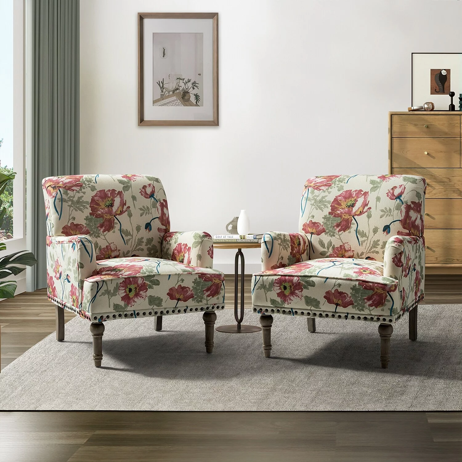 HULALA HOME Geltrude Traditional Floral Fabric Design Upholstered Accent Armchair with Nailhead Trim Set of 2 by  RED Floral