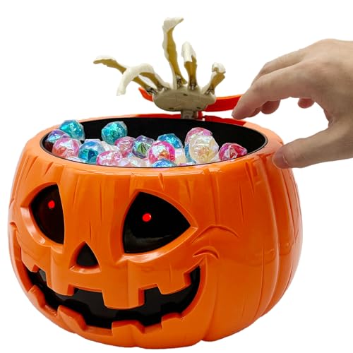 Halloween Skull pumpkin Bowl，Animated trick or treat bucket talking large funny scary candy Bowl dispenser for porch hand grabber Candy treat plastic Dish ，for Halloween decor indoor Party