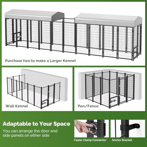 SINO LUBAN Outdoor Dog Kennel Outside Run with Doggy Door, Swivel Feeder&Roof - 8x4x6 Large Dog Kennels Pens Outside for Large Dogs Breed-Heavy Duty Cage Enclosure Yard (Can Connect to Your Dog House)