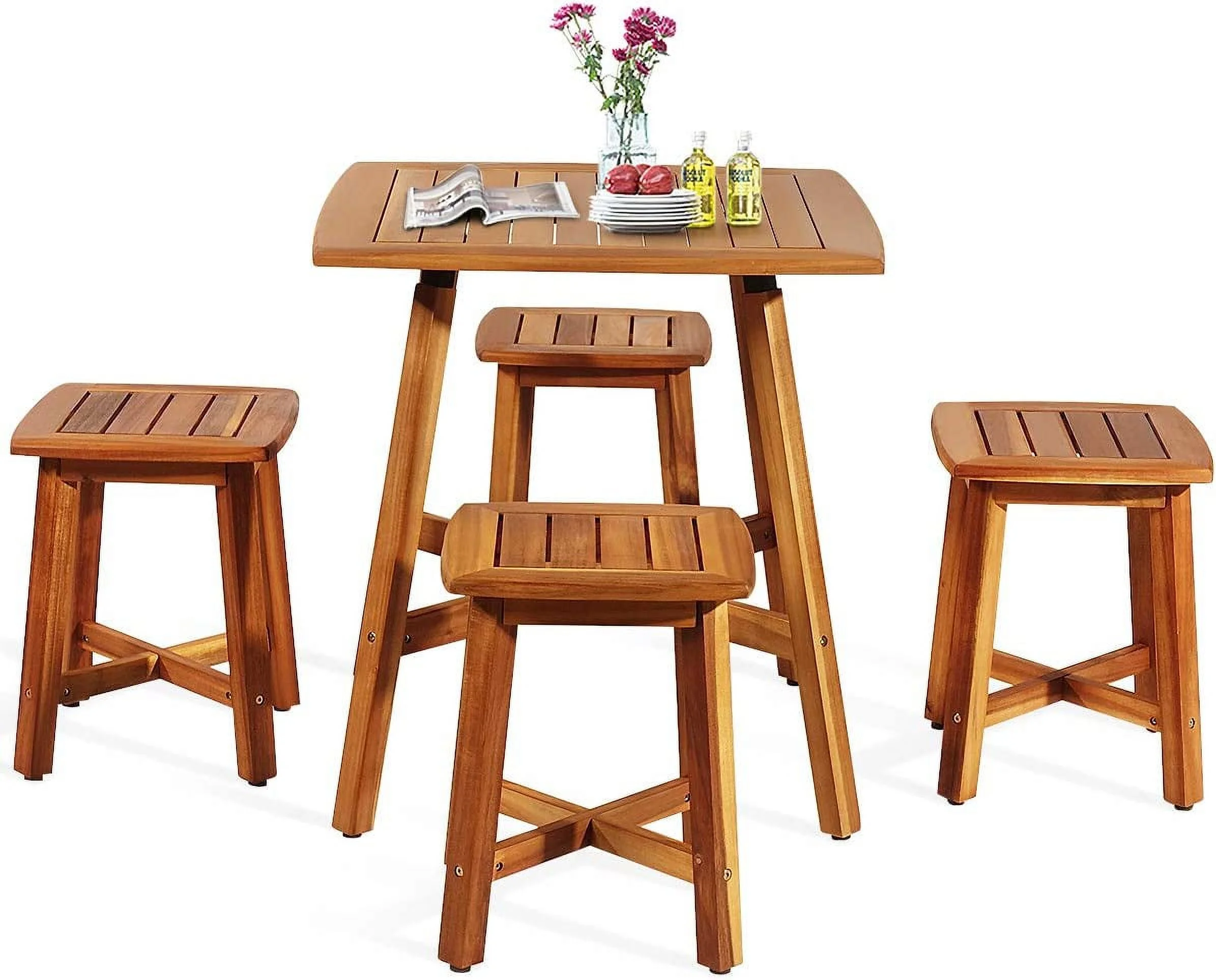 5 Piece Patio Dining Furniture Set Outdoor Acacia Wood Dining Conversation Set with 4 Stools, Wooden Table and Armless Chair Set for Garden Porch Backyard Balcony Poolside