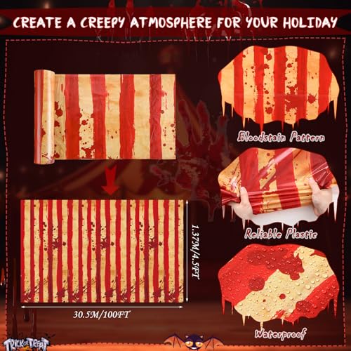 Tegeme 200 FT Creepy Carnival Tablecloth Roll for Horror Circus Halloween Decorations Bloody Creepy Tent Backdrop Red and White Striped Tablecloth for Clown Room Wall Evil Circus Party Decorations