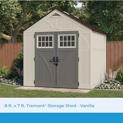 Suncast 8' x 7' Heavy-Duty Resin Tremont Storage Shed with Reinforced Floor, Skylights for Natural Light, Lockable Double Doors, Cream, Made in the USA