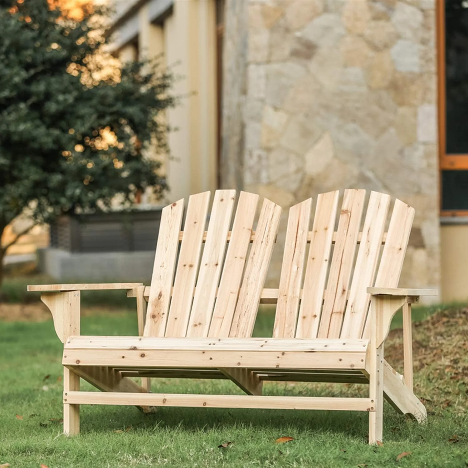 Patio Adirondack Chair Wood Loveseat For 2 Persons Outdoor Furniture For Porch Backyard Garden