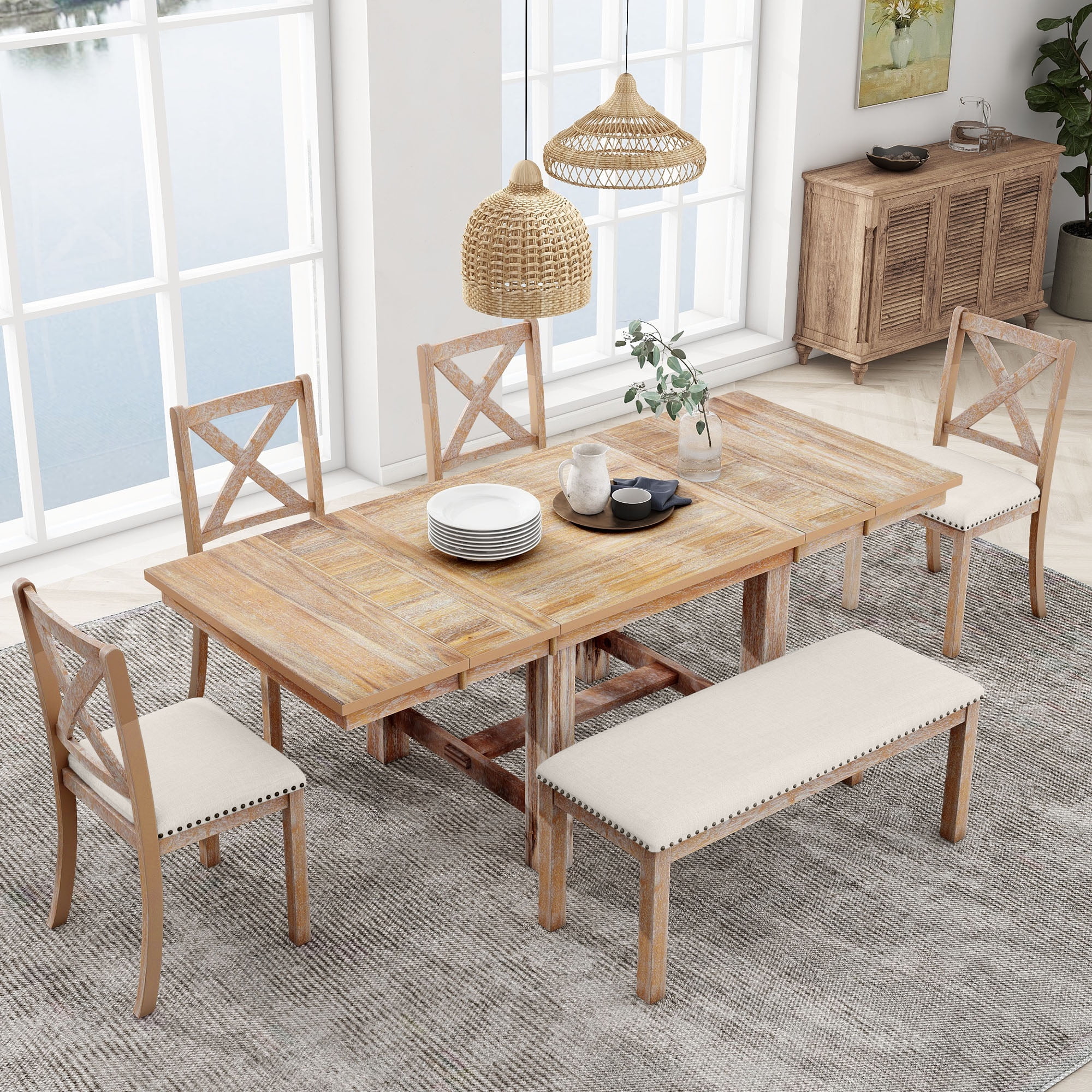 Churanty Farmhouse Extendable Dining Table Set for 6, Solid Wood Rectangular Kitchen Table Set with Removable Leaf,4 Upholstered Chairs and Bench, Natural