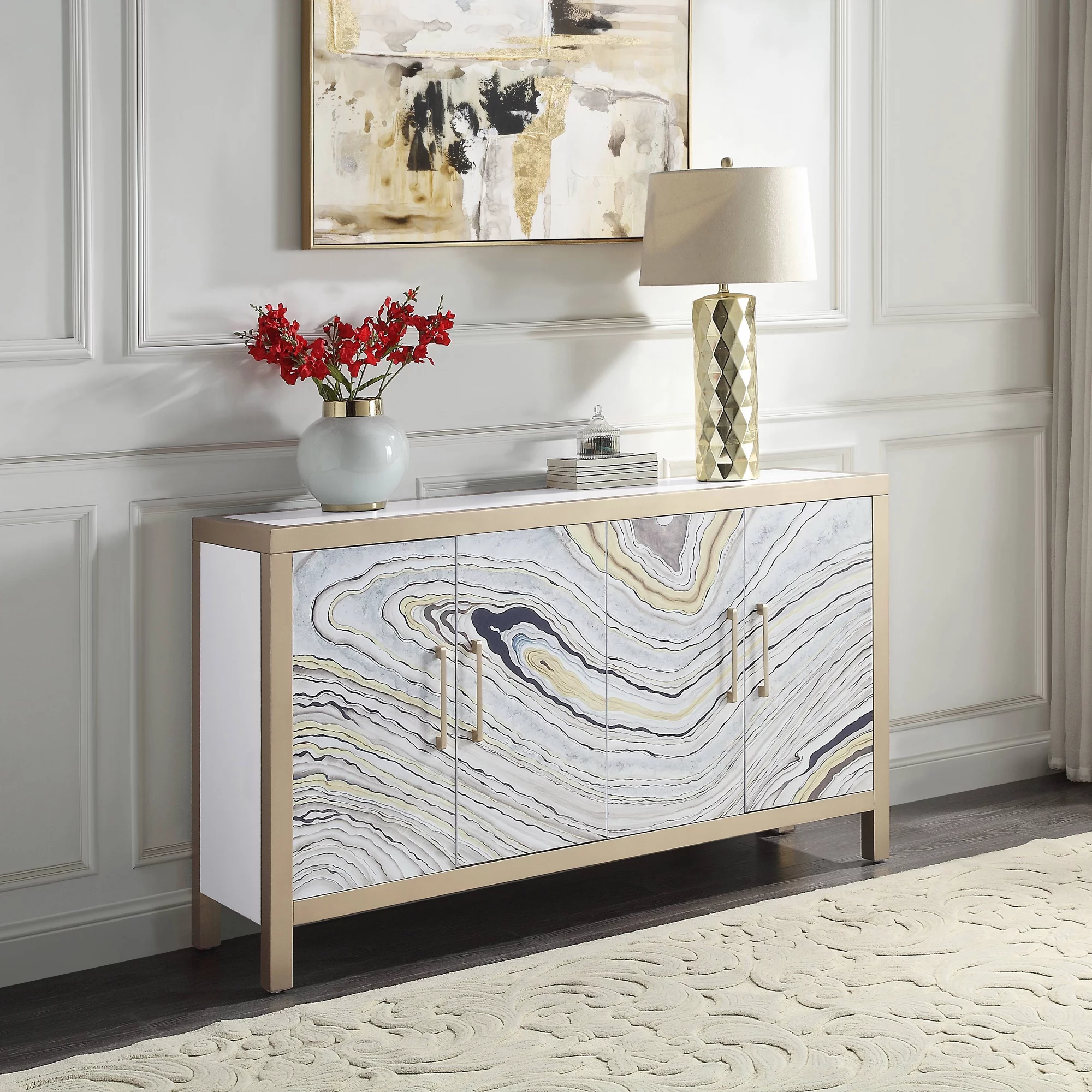 ACME Olisa Rectangular Console Table in Stone Grain, White and Gold