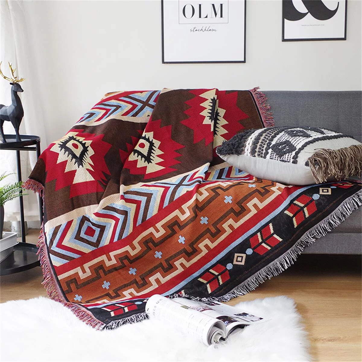 Bohemian Throw Blankets For Bed, Sofa, Outdoor. Cotton Linen Jacquard Reversible Double-Sided Woven Aztec, Boho Throw Blanket with Tassel Oversize 70x90 Inch