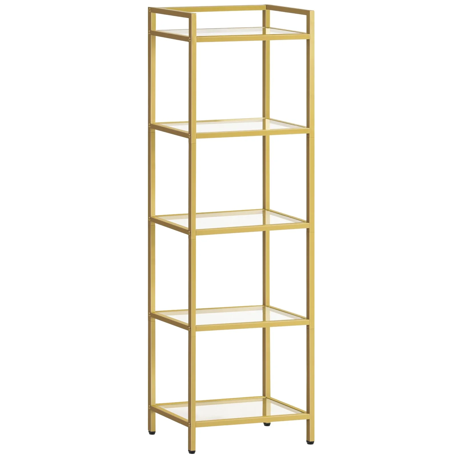 5-Tier Gold Bookcase: Tempered Glass Bookshelves, Slim Shelving Unit for Living Room, Narrow Bookshelf for Small Spaces, Storage Rack Display Shelf for Home Office,