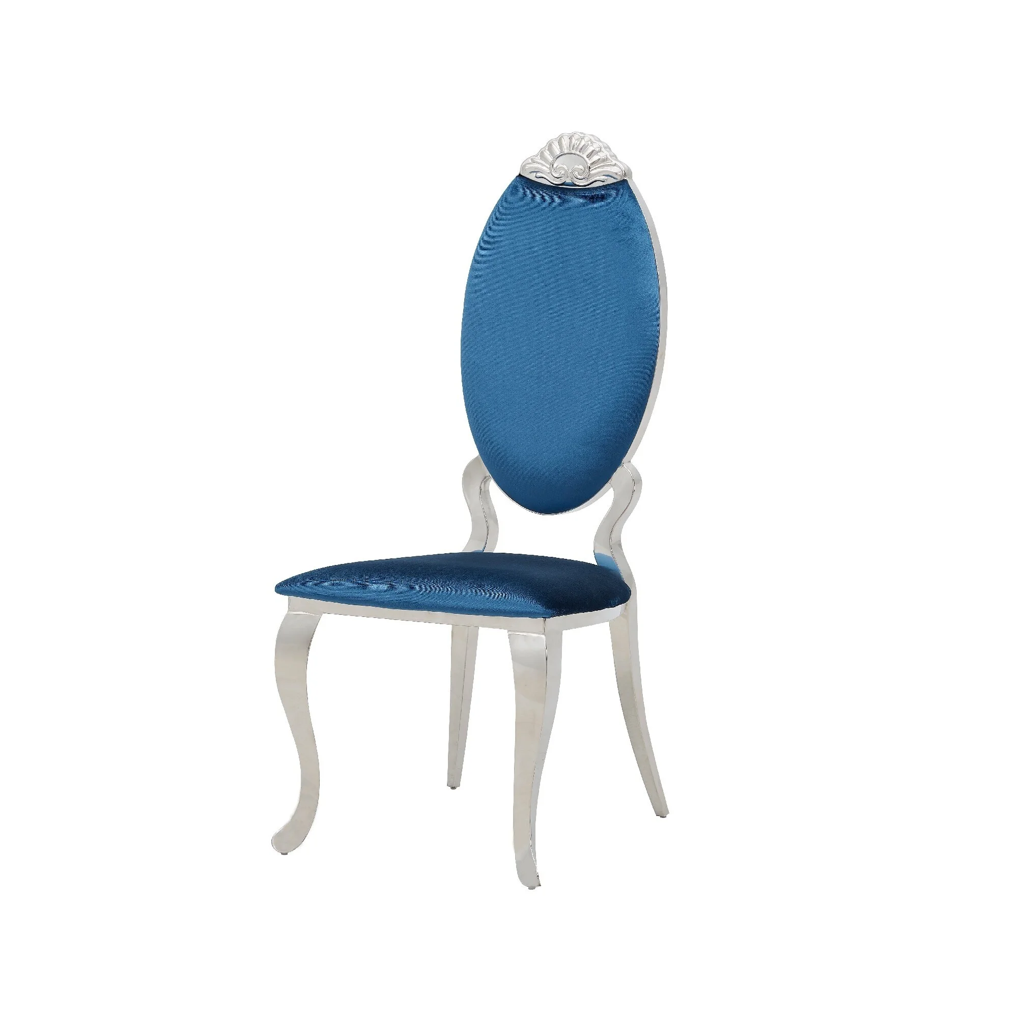 47 Inch Metal Dining Chair with Velvet Seat and Medallion Carving, Blue