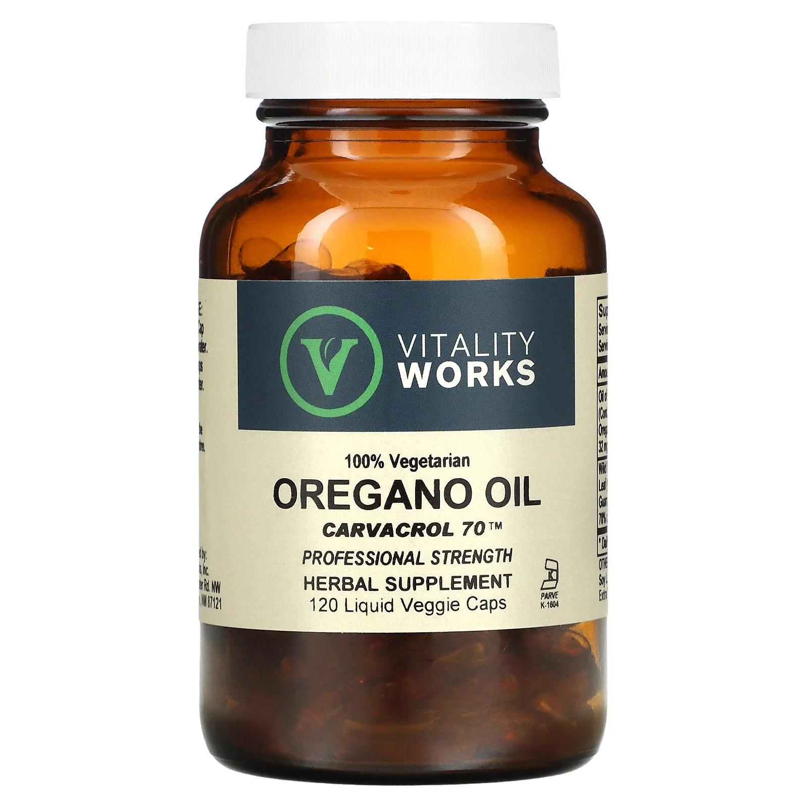 Vitality Works Oregano Oil, Carvacrol 70, 120 Liquid Veggie Caps