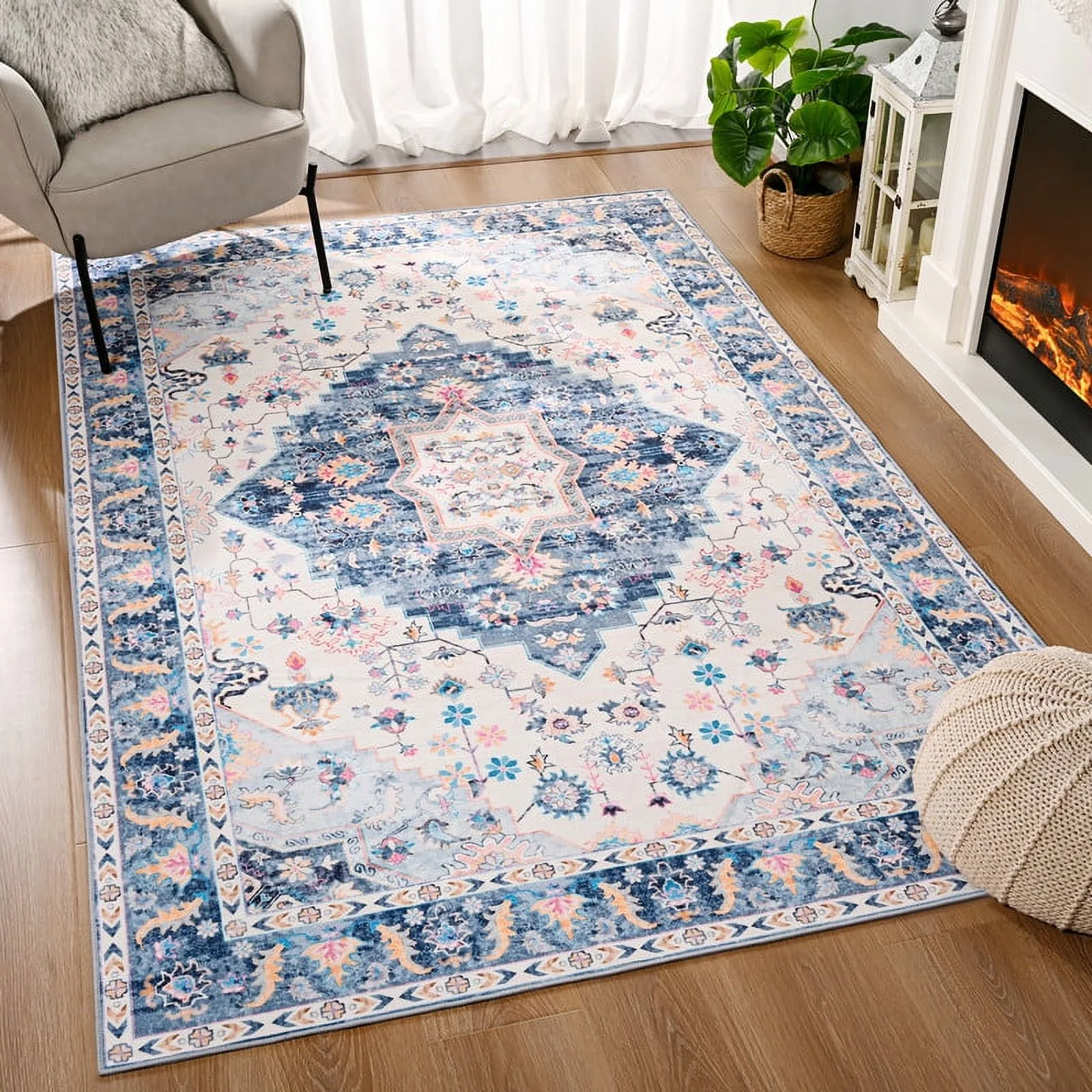 TWINNIS Area Rug for Living Room Persian Rug Vintage Boho Carpet for Bedroom,Blue,5'x8'
