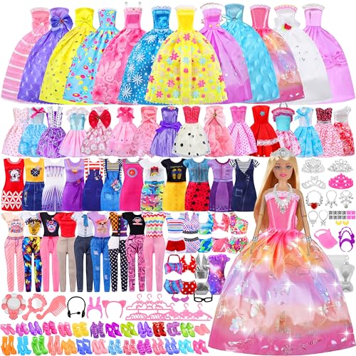 342 Pcs Doll Clothes and Accessories with Doll, Princess Gowns, Fashion Dresses, Top, Pants, Swimsuits, Shoes, Hangers and Other Accessories, Doll Playset Dress up Toy for Girls Toddlers Gift Toys