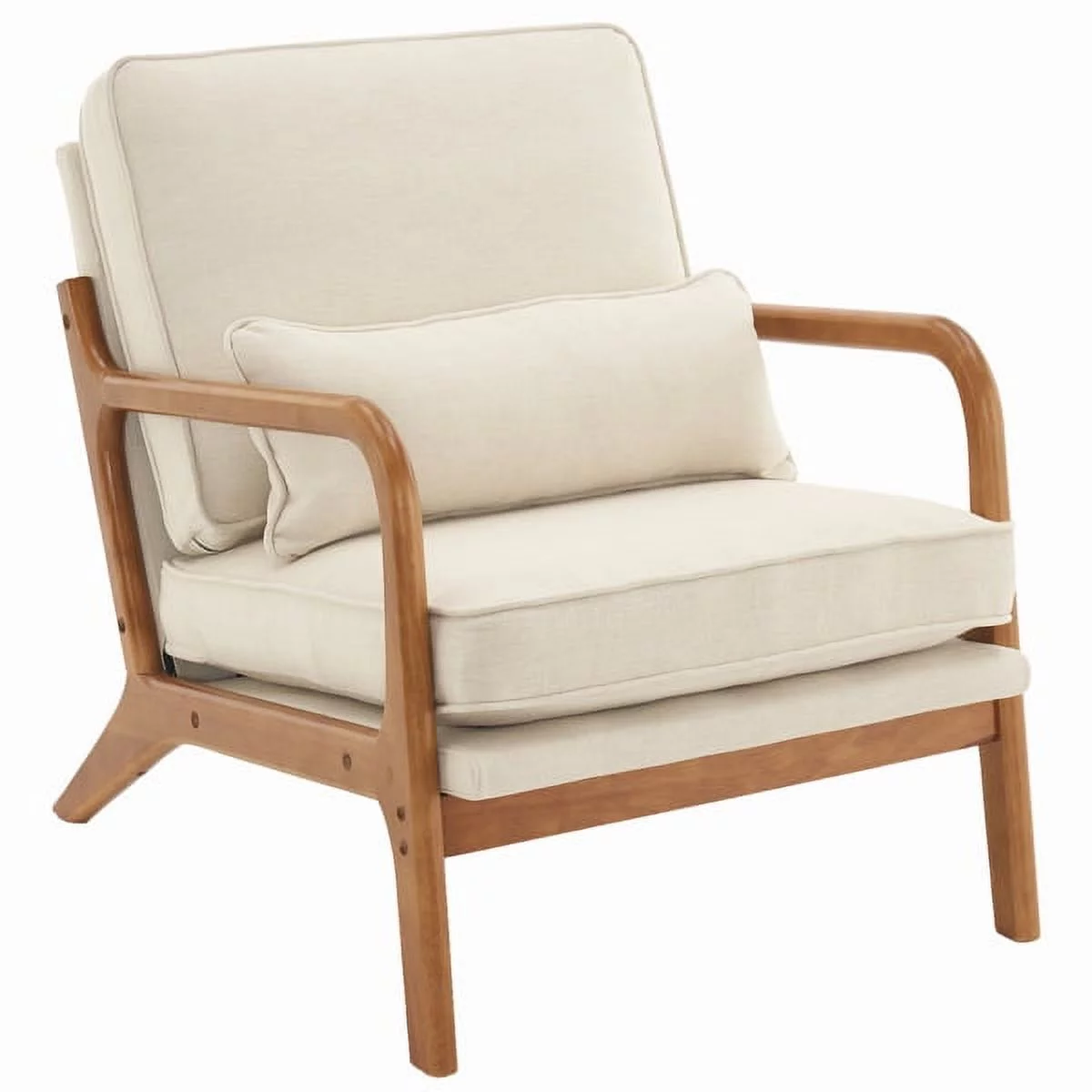 SYTHERS Mid-Century Modern Accent Chair with Lumbar Pillow, Upholstered Armchair Wood Frame Sofa Armchair for Living Room, Bedroom, Balcony, Beige