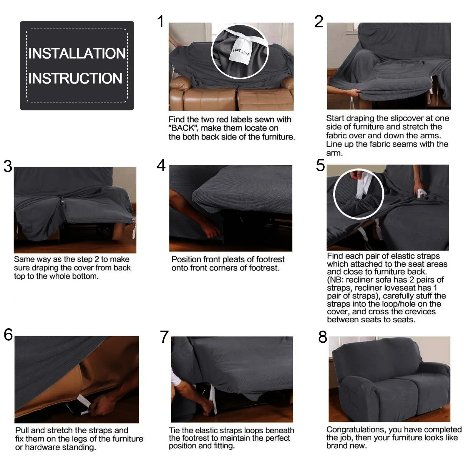 Stretch Recliner Loveseat Cover, 6 Pieces 2-Seater Sofa Slipcovers Non-slip Recliner Cover with Pocket, Dark Grey