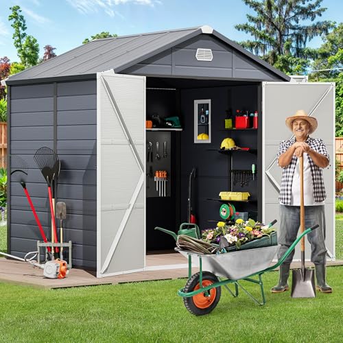 YITAHOME 8x6.2FT Resin Storage Unit sans Flooring, All-Weather Plastic Shed with Window, Vents and Secured Doors, Outdoor Plastic Tool Cabin for Poolside, Lawn, Backyard, Patio, Dark Gray