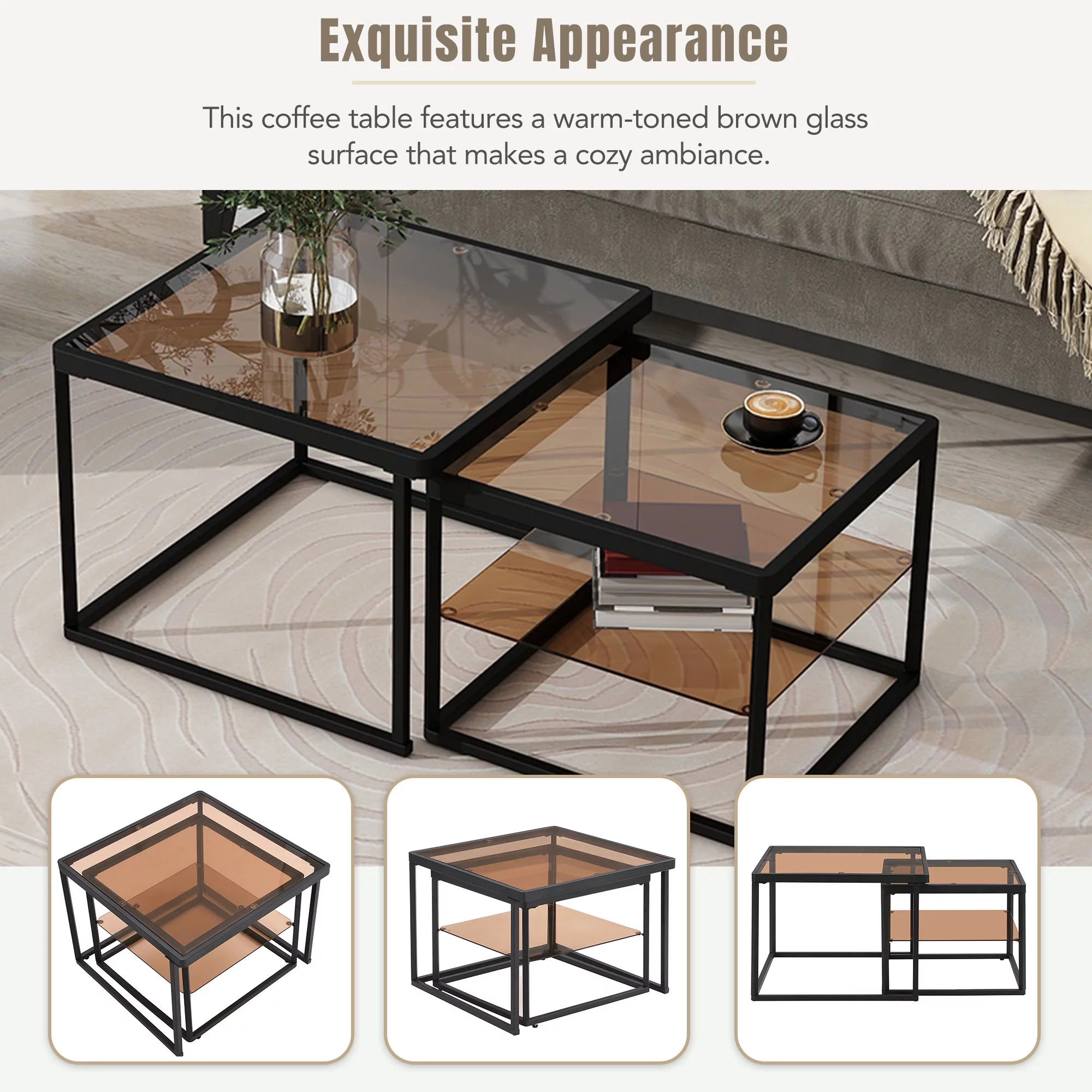 Coffee Table, ON-TREND Modern Nested Coffee Table Set with High-low Combination Design, Brown Tempered Glass Cocktail Table with Metal Frame, Length Adjustable 2-Tier Center&End Table, Black